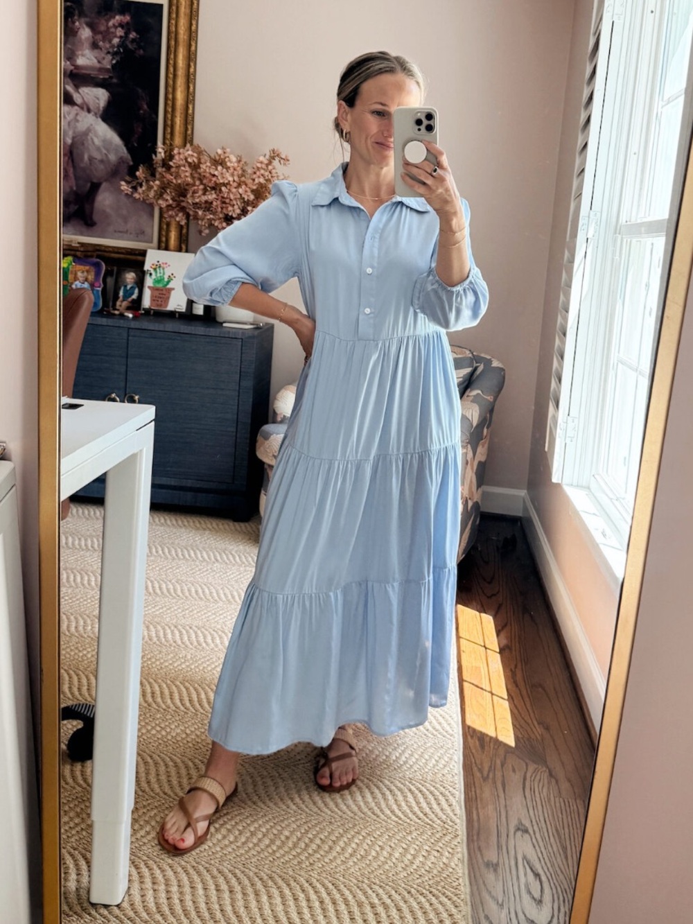 Garnet hill tiered midi dress organic cotton light blue long sleeve